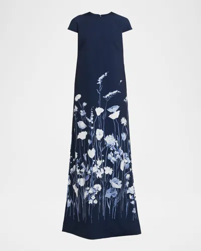 Lela Rose Floral Crepe Short-sleeve A-line Gown In Blue