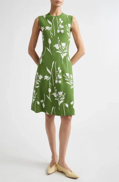 Lela Rose Floral Jacquard Knit Sleeveless A-line Dress In Green