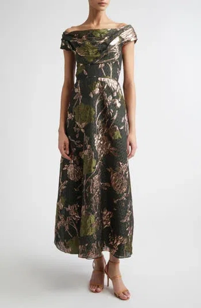 Lela Rose Floral Draped Metallic Fil Coupé Fit & Flare Dress In Green