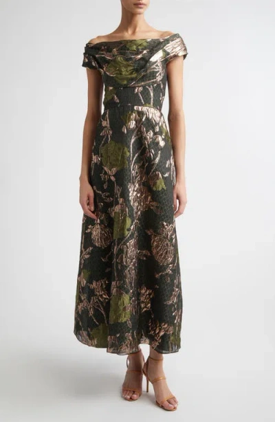 Lela Rose Floral Draped Metallic Fil Coupé Fit & Flare Gown In Multi