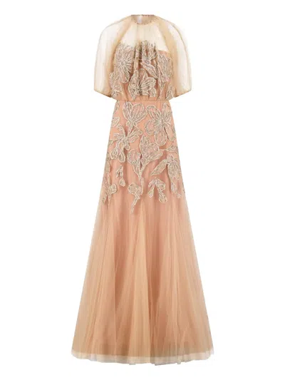 Lela Rose Floral-embroidered Gown In Neutral