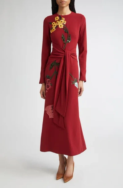 Lela Rose Floral Embroidered Long Sleeve Knit Dress In Burgundy