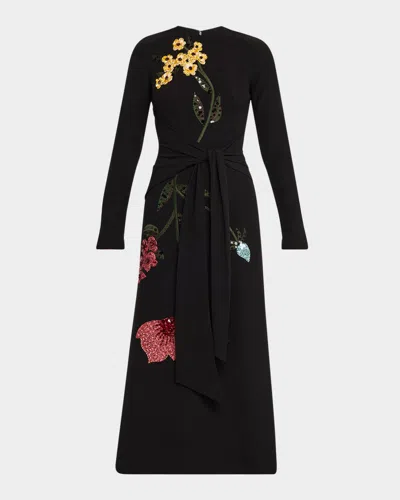 Lela Rose Floral Embroidered Long-sleeve Tie Waist Midi Dress In Black