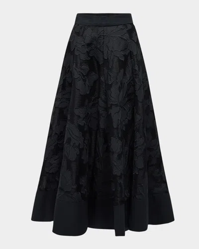 Lela Rose Floral Embroidered Midi Full Skirt In Black