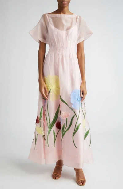 Lela Rose Floral Embroidered Silk Organza Dress In Peony