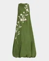 Lela Rose Floral-embroidered Sleeveless Bubble Midi Dress In Cactus