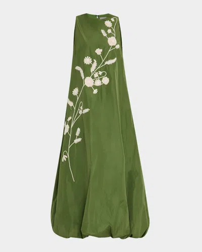 Lela Rose Floral-embroidered Sleeveless Bubble Midi Dress In Cactus