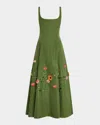 Lela Rose Floral Embroidered Sleeveless Midi Dress In Cactus