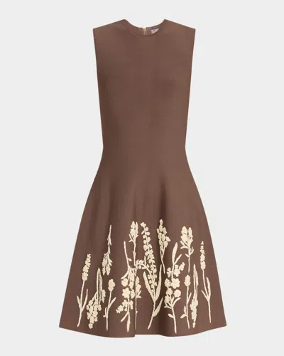 Lela Rose Floral Embroidered Sleeveless Mini Dress In Brown