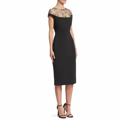 Lela Rose Floral-embroidered Tulle Yoke Cocktail Gown In Black
