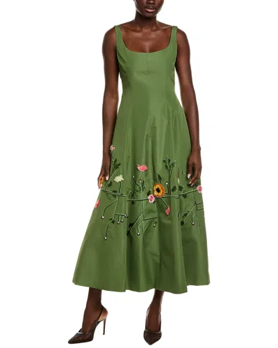 Lela Rose Floral Embroidery Midi Dress In Green