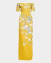 Lela Rose Floral Faille Off-the-shoulder Column Gown In Animal Print