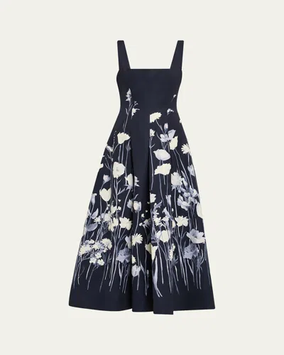 LELA ROSE FLORAL FAILLE SLEEVELESS FIT-&-FLARE GOWN