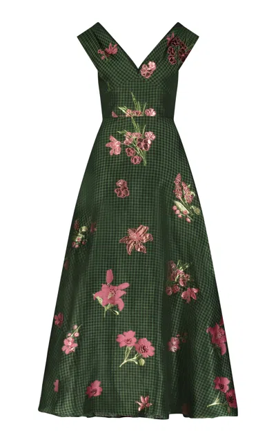 Lela Rose Floral Fil Coupe Off-the-shoulder Dress In Green