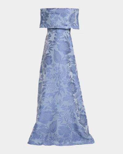 Lela Rose Floral Fil Coupe Off-the-shoulder Gown In Blue
