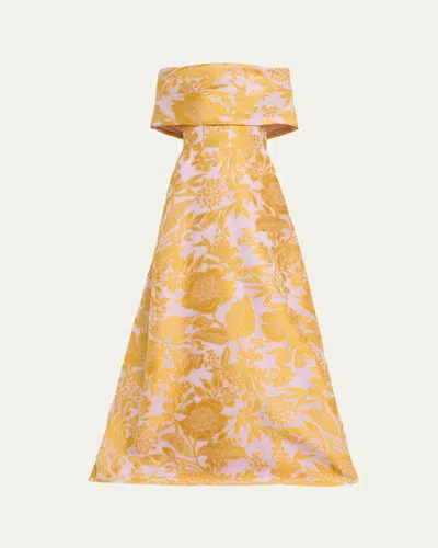 Lela Rose Floral Fil Coupe Off-the-shoulder Gown In Yellow