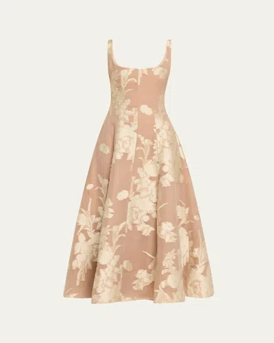 Lela Rose Floral Fil Coupe Paneled Sleeveless Midi Dress In Nude