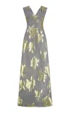 Lela Rose Floral Fil Coupe V Neck Gown In Gray