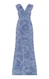 Lela Rose Floral Fil Coupé V-neck Gown In Blue