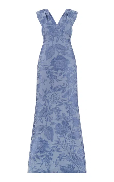 Lela Rose Floral Fil Coupé V-neck Gown In Blue