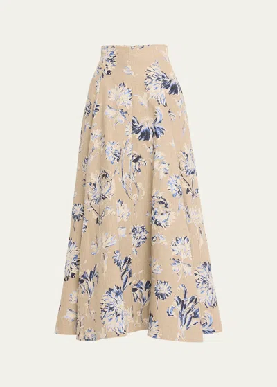 Lela Rose Floral High Waist Full Linen Skirt In Oxford