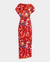 Lela Rose Floral Jacquard Draped-shoulder Ankle Sheath Dress In Poppy