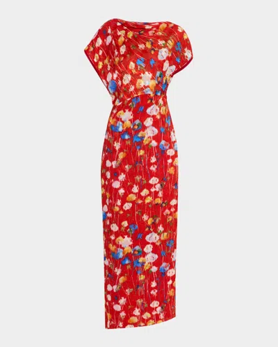 Lela Rose Floral Jacquard Draped-shoulder Ankle Sheath Dress In Poppy