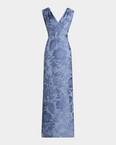 Lela Rose Textured Floral Jacquard Gown In Gray