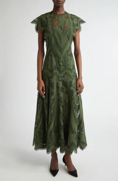 Lela Rose Floral Lace A-line Dress In Green