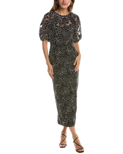 Lela Rose Floral Lace Naomi Midi Dress In Black