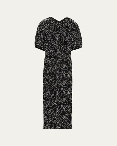 Lela Rose Floral Lace Puff-sleeve Midi Sheath Dress In Black