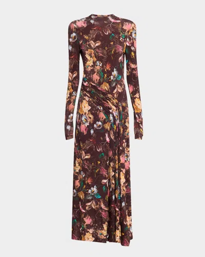 Lela Rose Floral Long-sleeve Draped Ankle Dress In Brown
