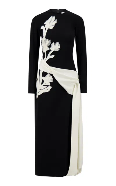 Lela Rose Floral Organza Embroidered Crepe Dress In Black,white