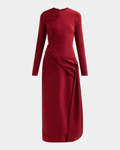 Lela Rose Floral Organza Embroidered Crepe Midi Dress In Wine