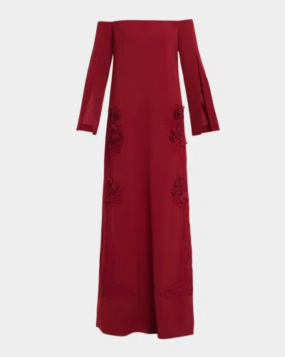 Lela Rose Floral Organza Embroidered Off-the-shoulder Crepe Gown In Wine