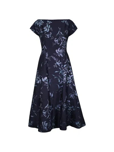 Lela Rose Floral Pattern Midi Dress In Black