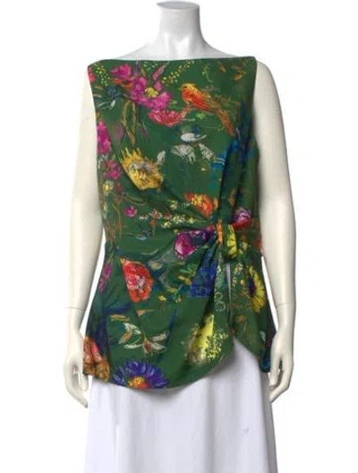 Pre-owned Lela Rose Floral Print Bateau Neckline Blouse In Green