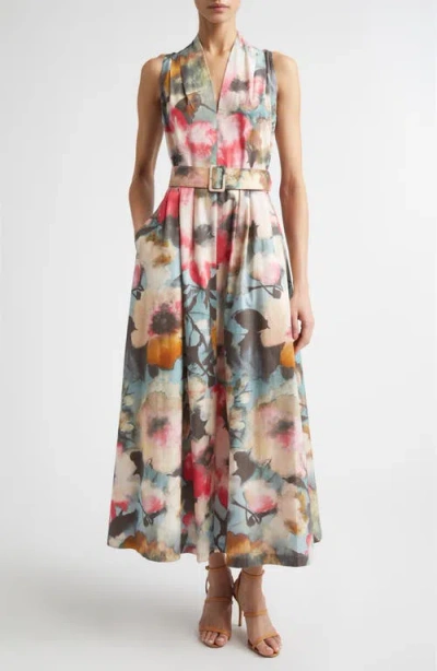Lela Rose Floral Print Belted Cotton Dress In Multi