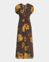 Lela Rose Floral-print Chiffon V-neck Shirred Midi Dress