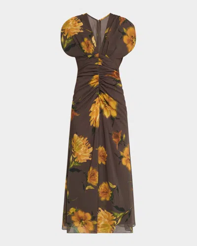 Lela Rose Floral-print Chiffon V-neck Shirred Midi Dress