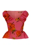 Lela Rose Floral-print Cotton Peplum Top