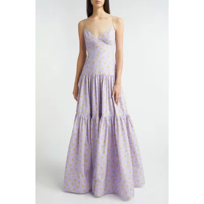 Lela Rose Floral Print Cotton Tiered Gown In Purple