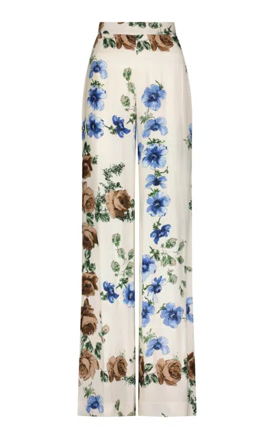 Lela Rose Floral-print Crepe Pants In Blue