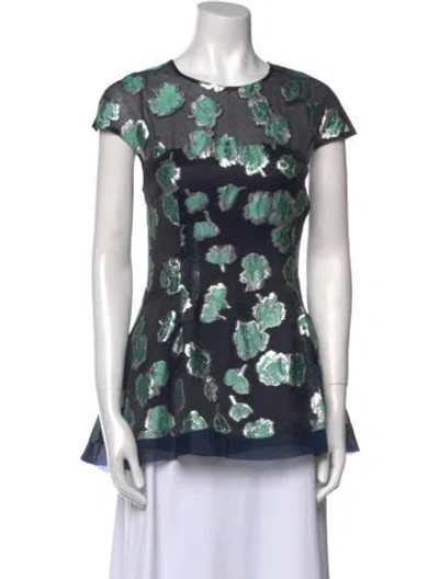 Pre-owned Lela Rose Floral Print Crew Neck Blouse In Blue