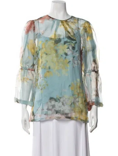 Pre-owned Lela Rose Floral Print Crew Neck Blouse In Blue