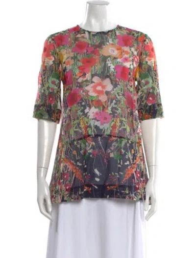 Pre-owned Lela Rose Floral Print Crew Neck Blouse In Blue