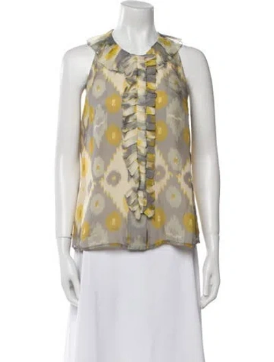 Pre-owned Lela Rose Floral Print Crew Neck Blouse In Gray