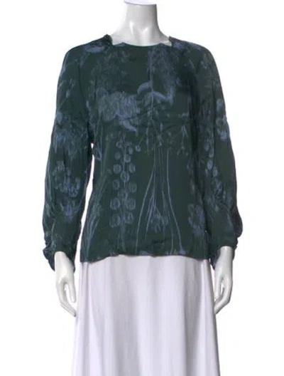 Pre-owned Lela Rose Floral Print Crew Neck Blouse In Green