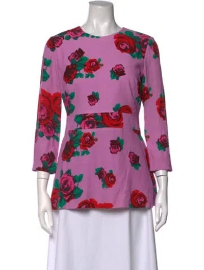 Pre-owned Lela Rose Floral Print Crew Neck Blouse In Purple