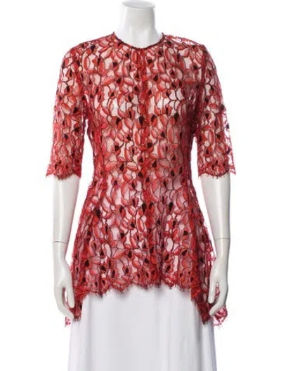 Pre-owned Lela Rose Floral Print Crew Neck Blouse In Red